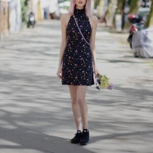 & Other Stories Black Floral Halterneck Mini Dress Size High-Neck US 12